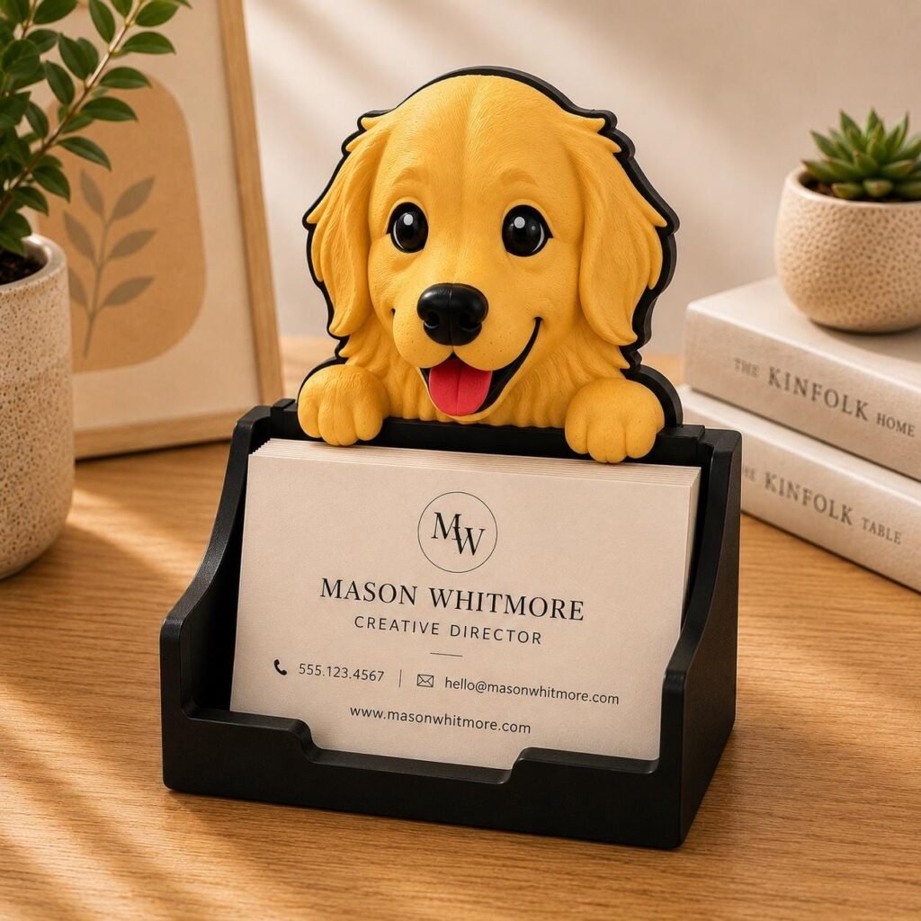Golden Retriever Business Card Holder displayed in a styled product setting