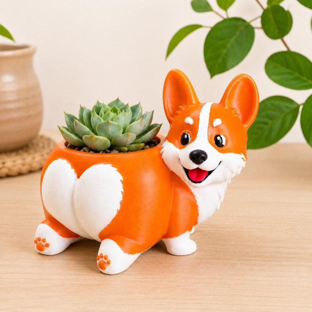 Cute Corgi Succulent Planter with Drainage Holes displayed in a styled product setting