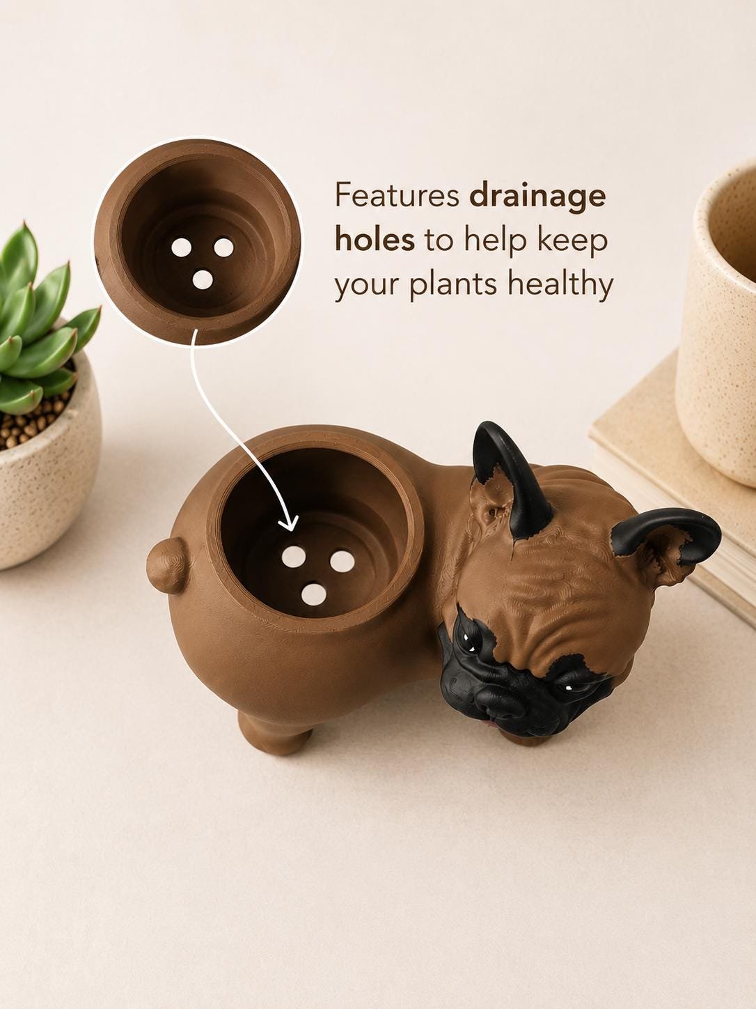 French Bulldog Succulent Planter with Drainage Holes product details
