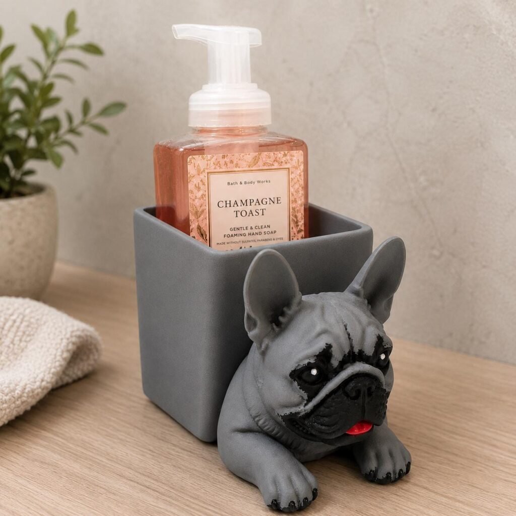French Bulldog Soap Bottle Holder displayed in a styled product setting