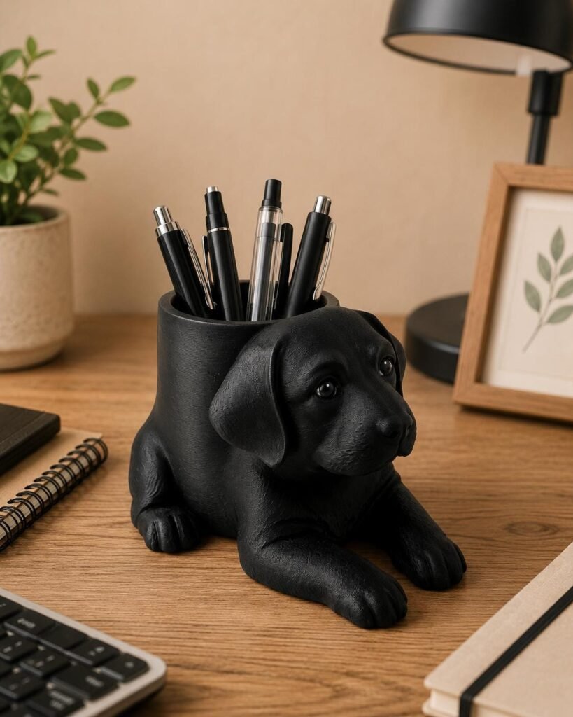 Black Labrador Pen Holder displayed in a styled product setting
