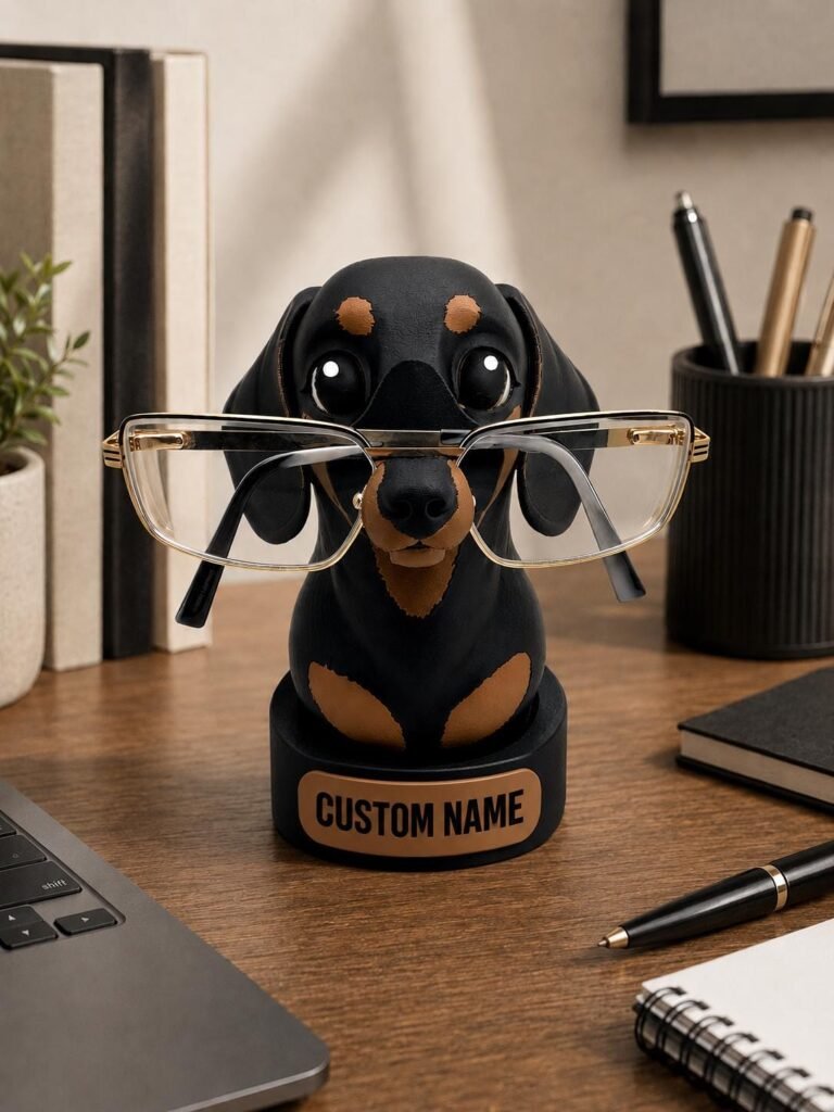 Custom Dachshund Glasses Holder shown as a finished personalized dog product