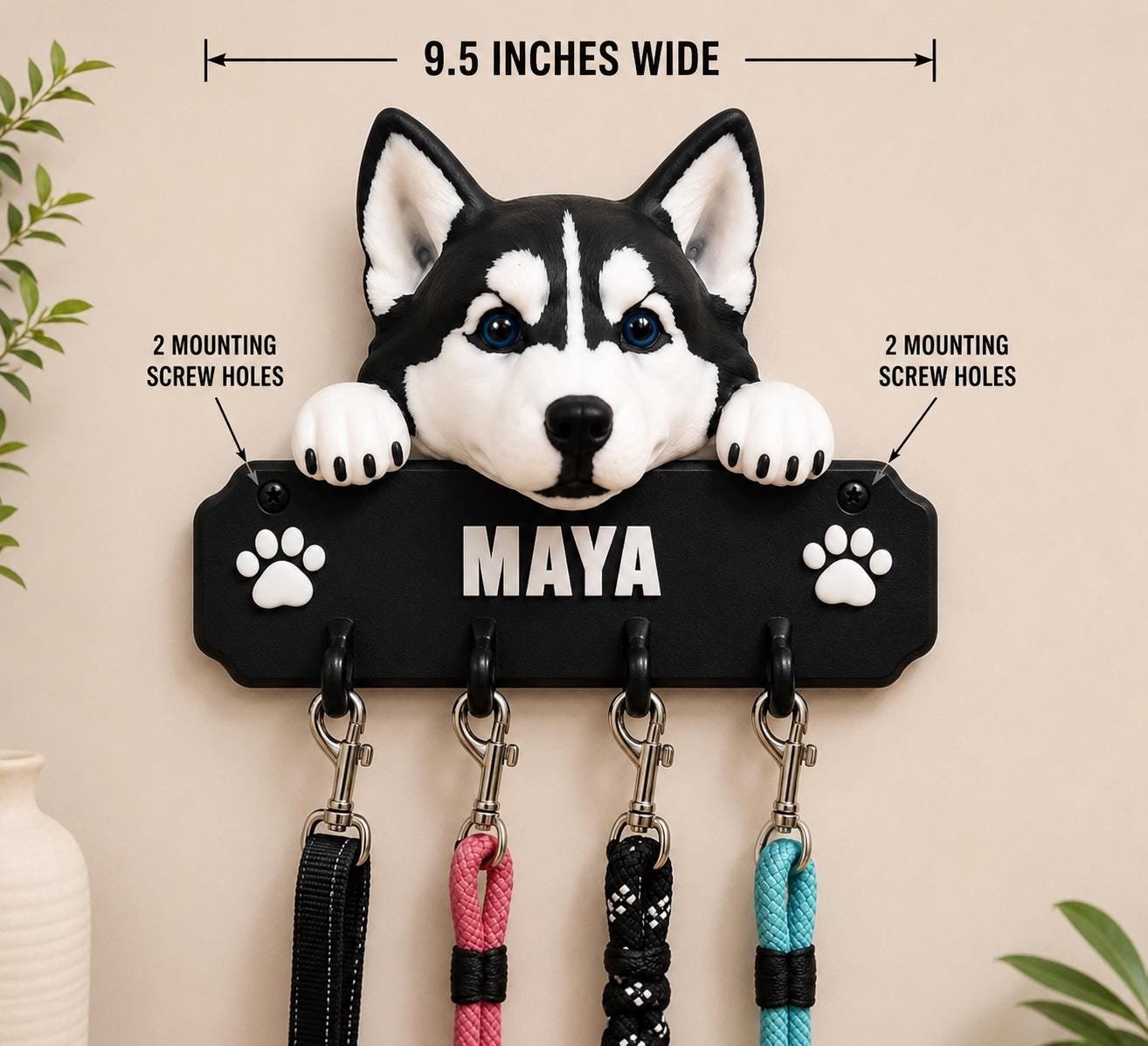 Personalized Husky Leash Holder shown from another angle