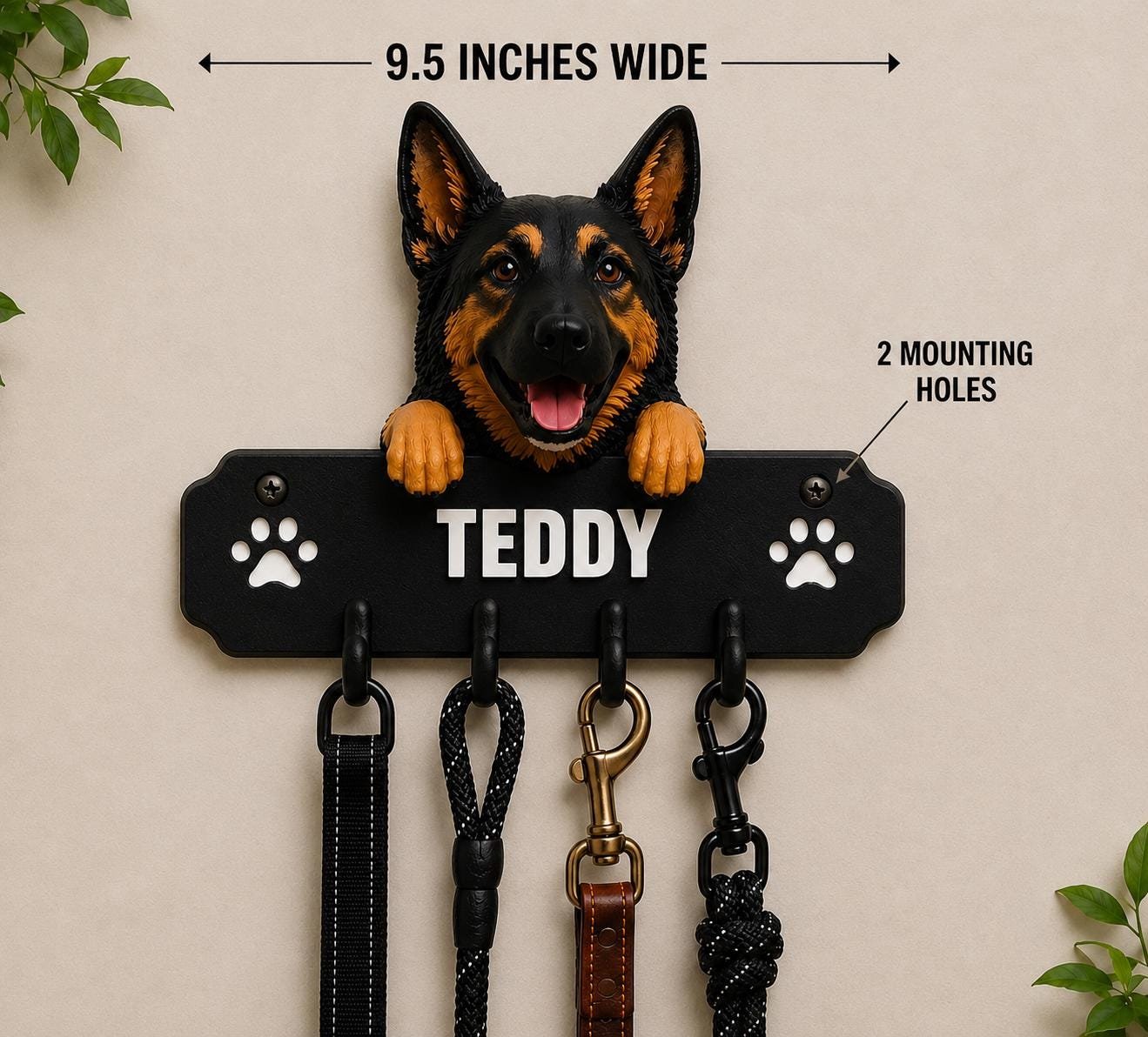 German Shepherd Dog Leash Holder with Custom Name shown from another angle