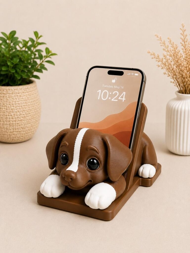 Cute Puppy Dog Phone Stand displayed in a styled product setting