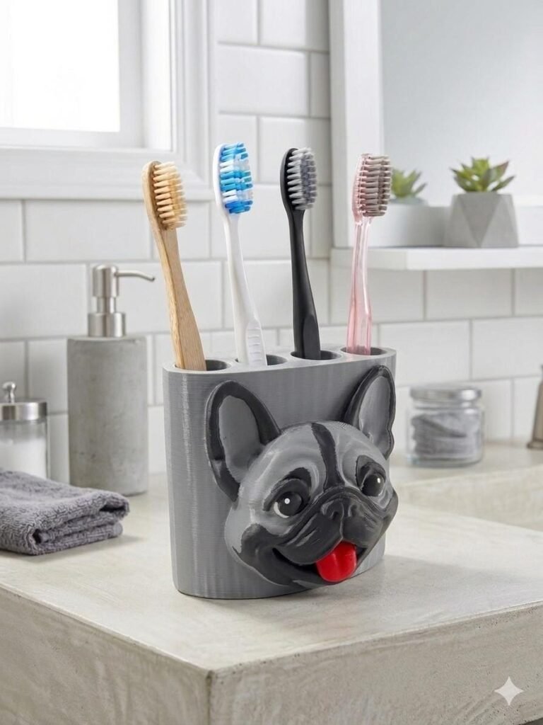 French Bulldog Toothbrush Holder - Cute Frenchie Bathroom Decor displayed in a styled product setting