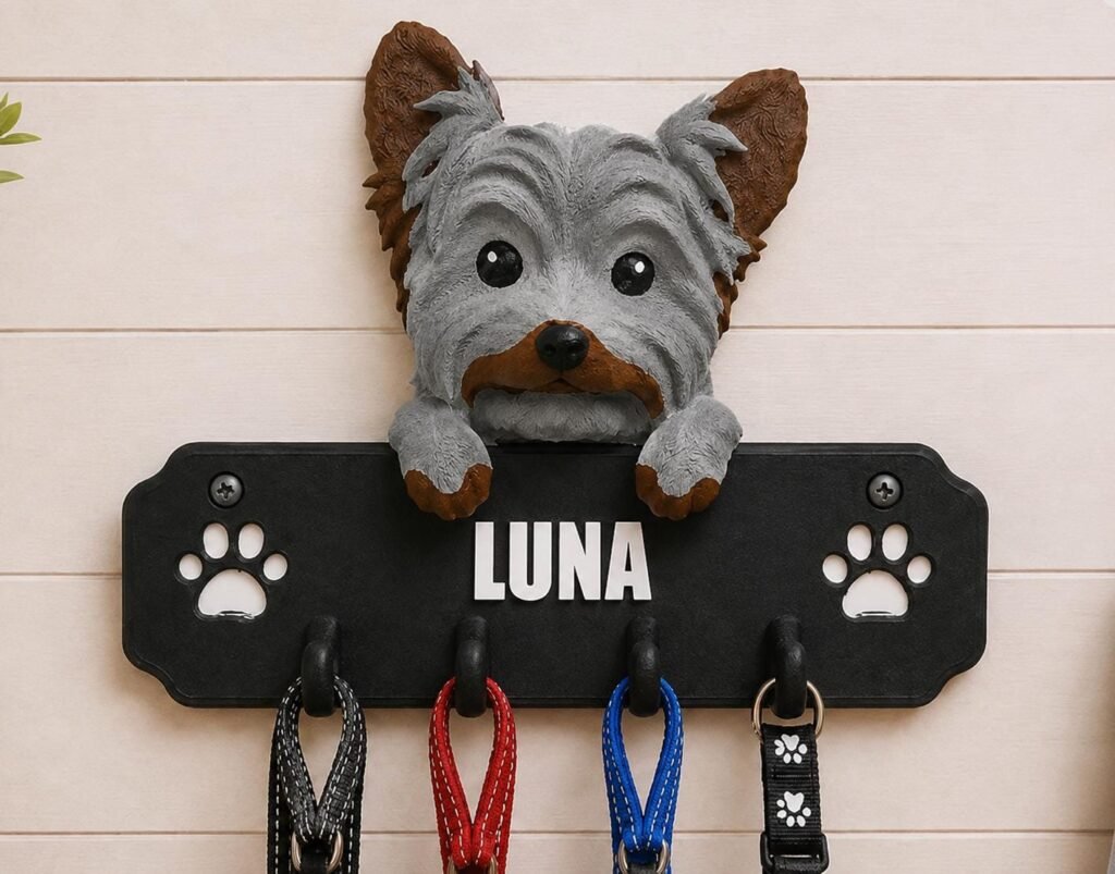 Personalized Yorkshire Terrier Leash Holder shown as a finished personalized dog product