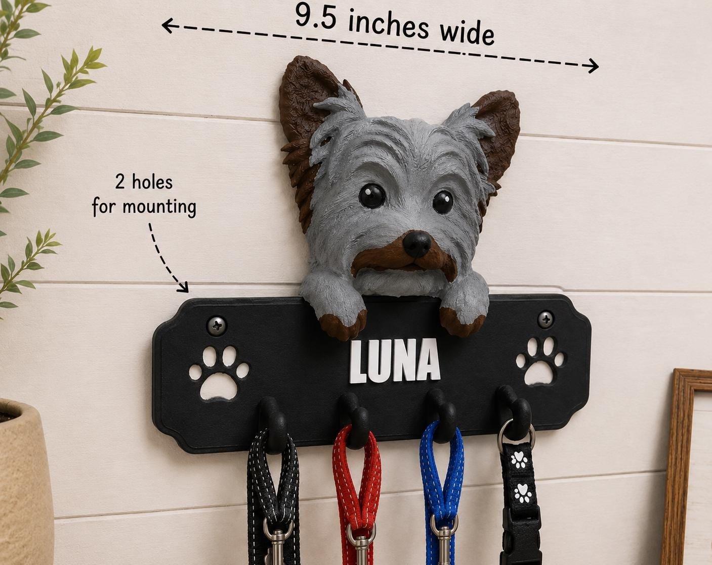 Personalized Yorkshire Terrier Leash Holder shown from another angle