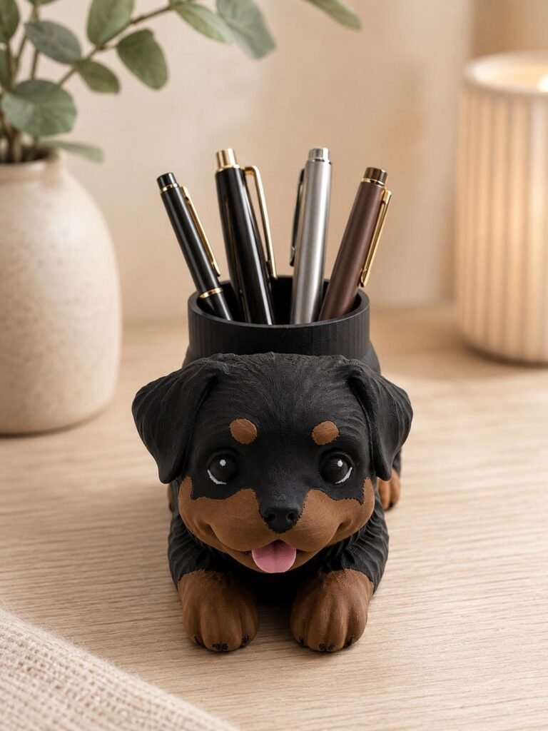 Cute Rottweiler Pen Holder displayed in a styled product setting