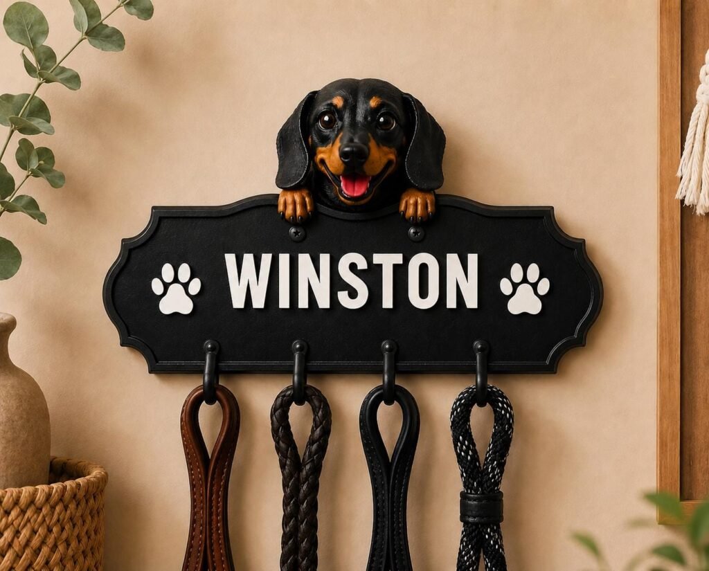 Custom Dachshund Leash Holder with Hooks shown as a finished personalized dog product