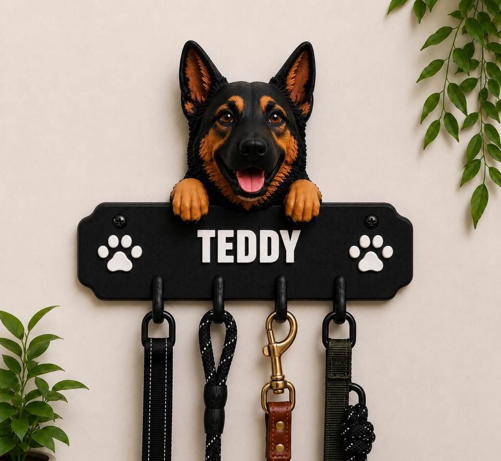 German Shepherd Dog Leash Holder with Custom Name shown as a finished personalized dog product