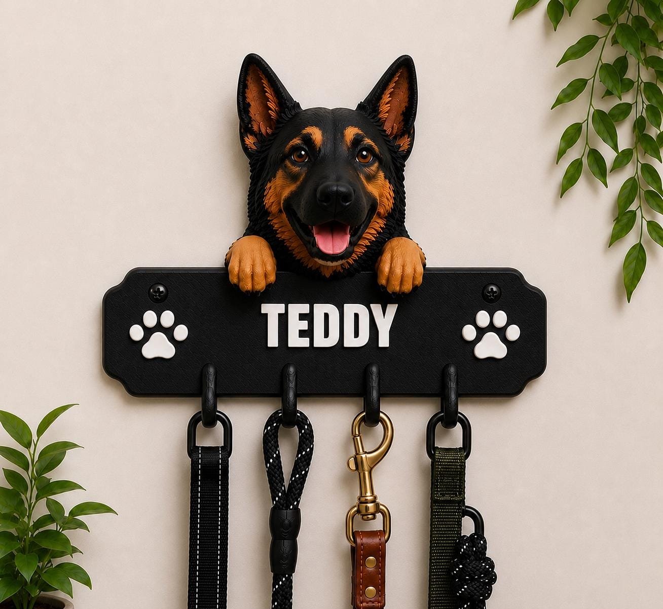 German Shepherd Dog Leash Holder with Custom Name by Four Loyal Paws