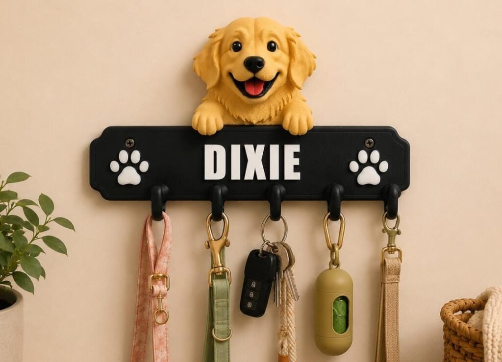 Personalized Golden Retriever Leash Holder with Hooks shown as a finished personalized dog product