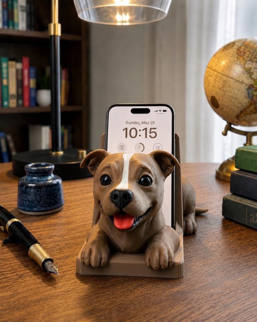 Cute Pitbull Phone Holder displayed in a styled product setting