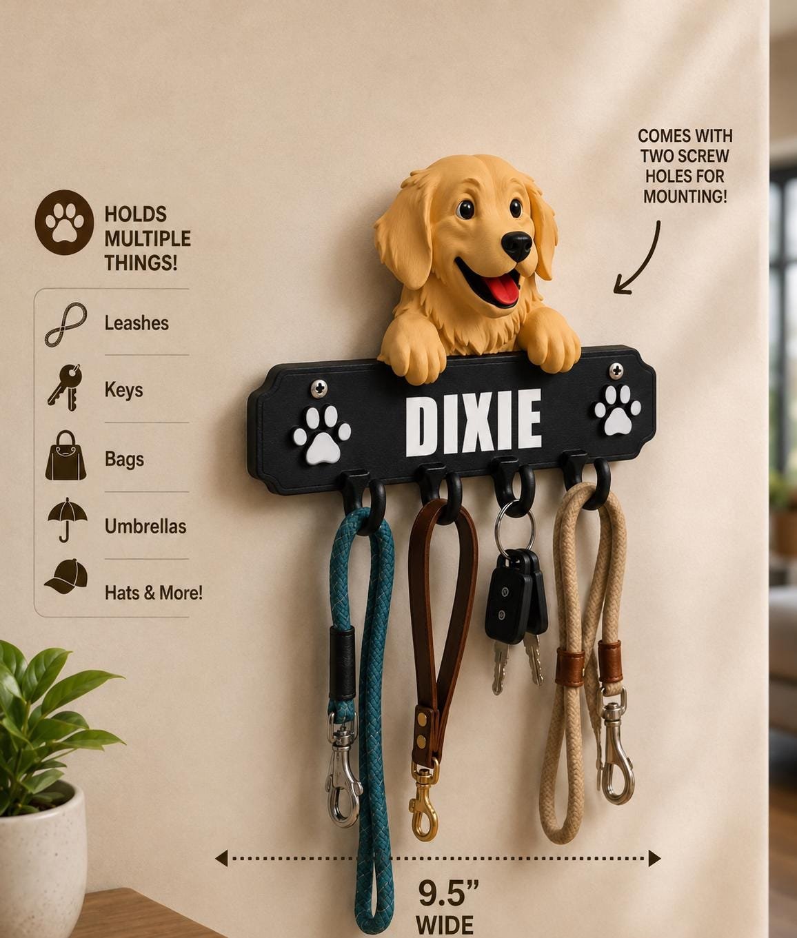 Personalized Golden Retriever Leash Holder with Hooks shown from another angle
