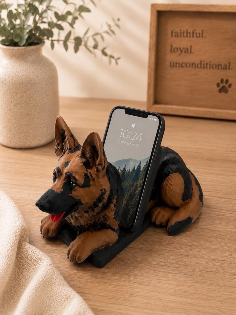 German Shepherd Phone Holder displayed in a styled product setting