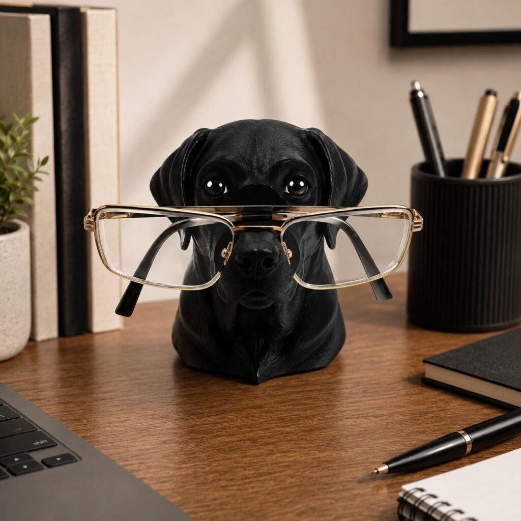 Black Labrador Glasses Holder displayed in a styled product setting