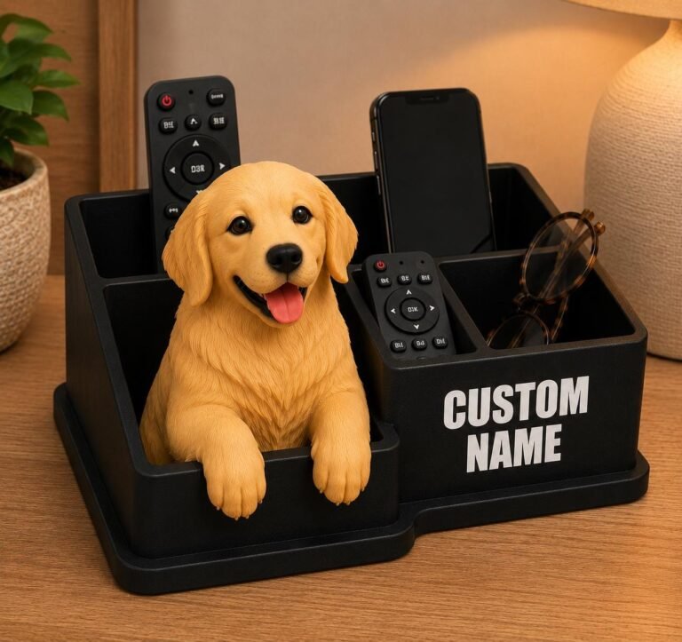Personalized Golden Retriever nightstand organizer with compartments displaying a phone, remotes, and glasses.