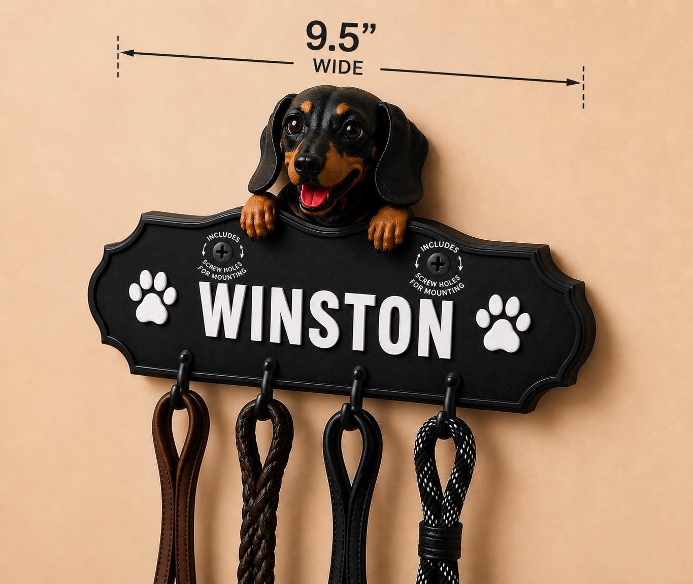 Custom Dachshund Leash Holder with Hooks shown from another angle