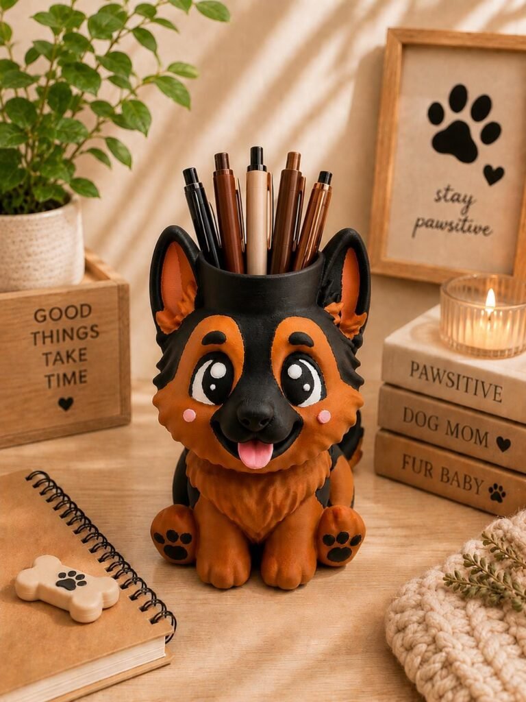 Cute German Shepherd Pen Holder displayed in a styled product setting