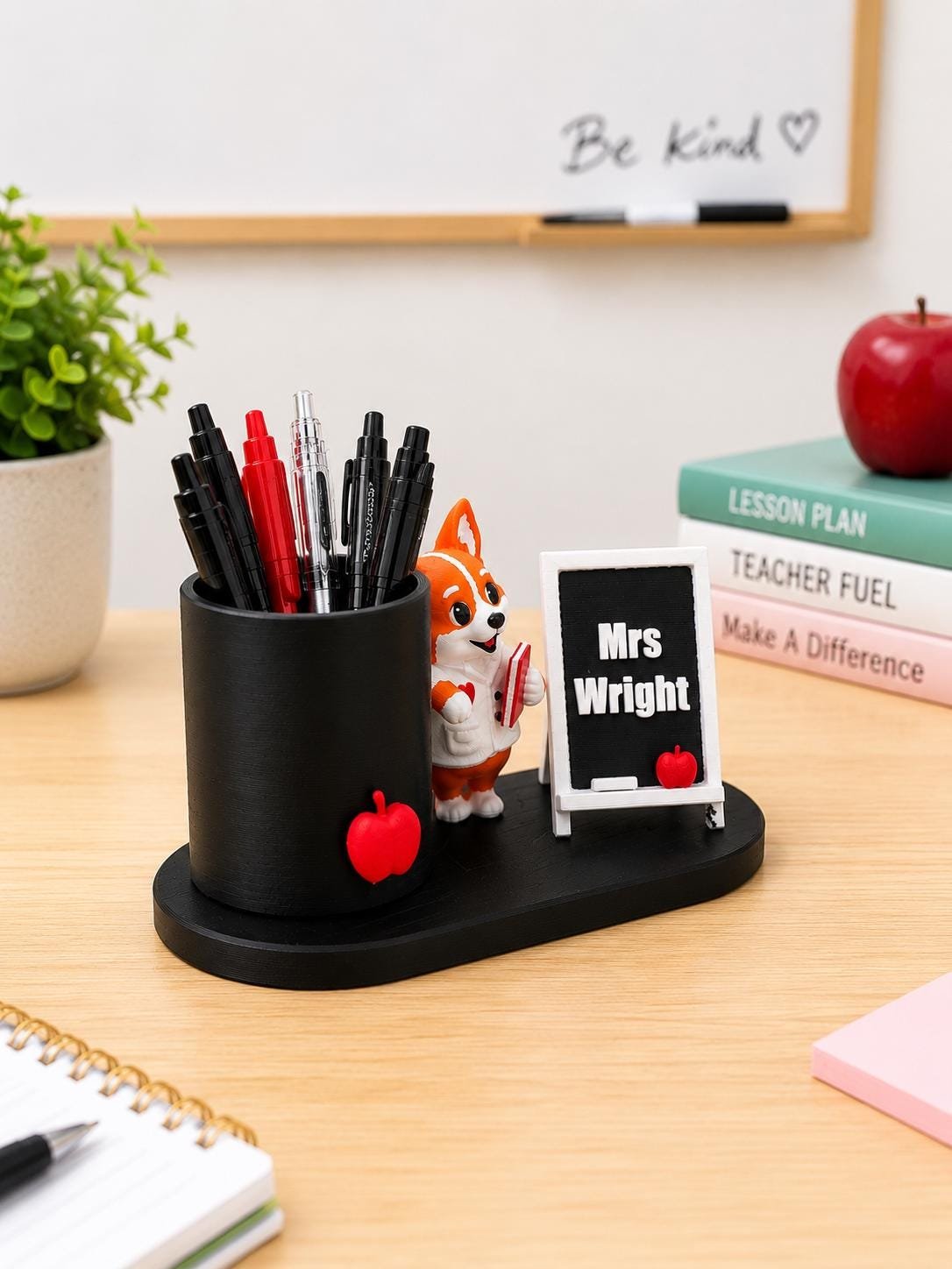 Personalized Corgi Teacher Pen Holder shown from another angle