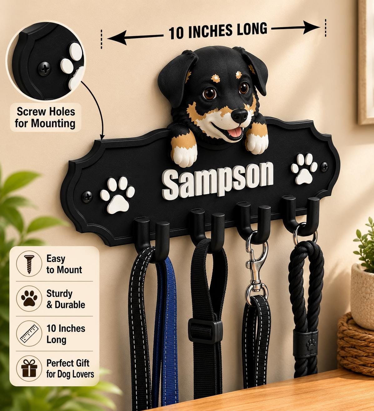 Personalized Australian Shepherd Leash Holder shown from another angle
