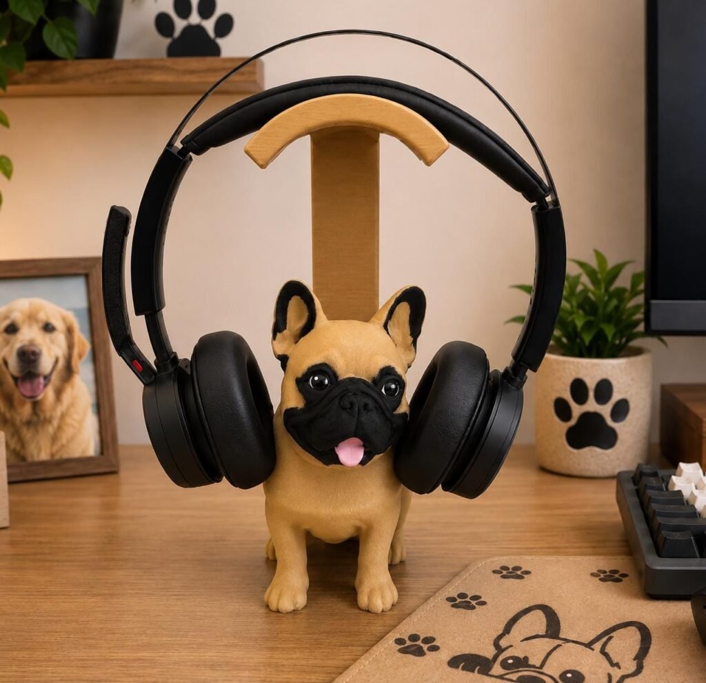 French Bulldog Headphone Stand displayed in a styled product setting