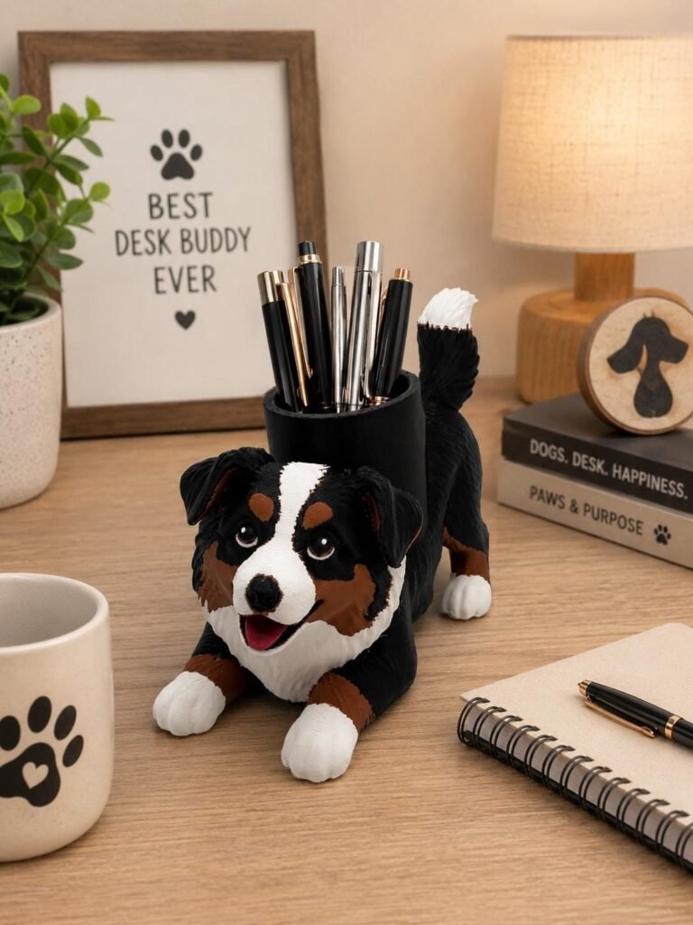Australian Shepherd Pen Holder displayed in a styled product setting