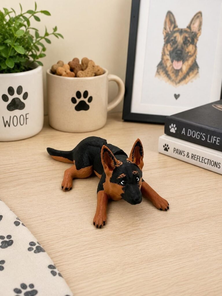 German Shepherd Articulated Toy displayed in a styled product setting