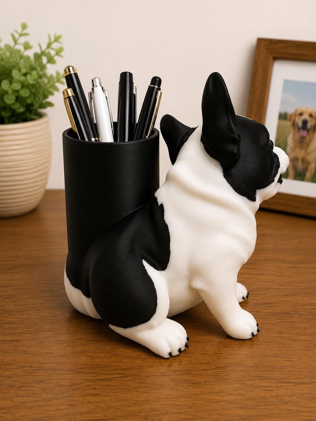 Pied French Bulldog Pen Holder shown from another angle