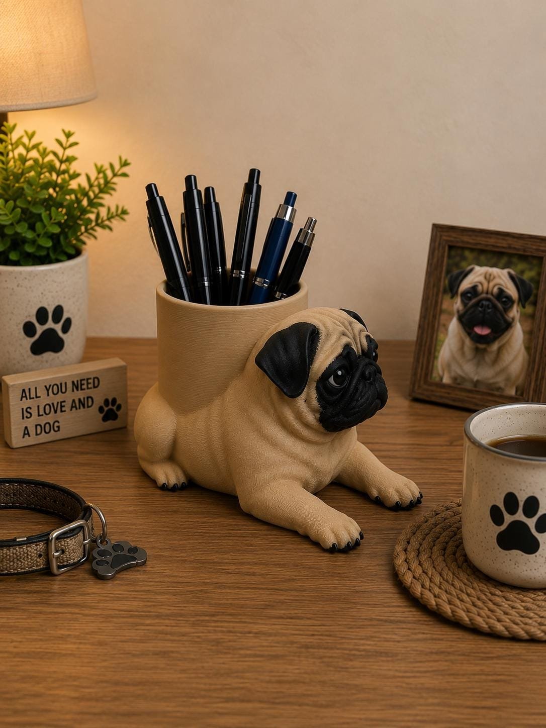 Tan Pug Pen Holder shown from another angle