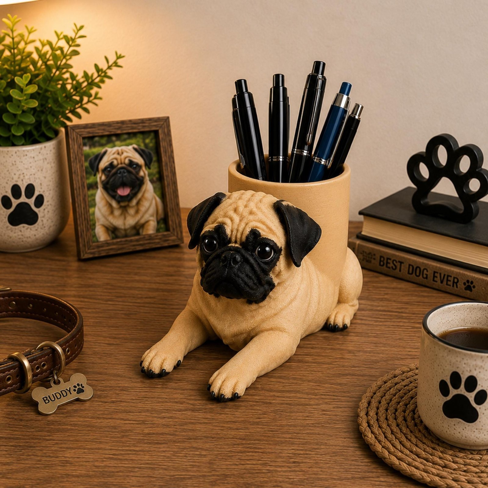 Tan Pug Pen Holder by Four Loyal Paws