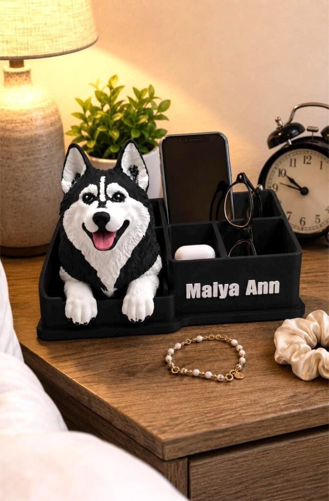 Siberian Husky Nightstand Organizer displayed in a styled product setting