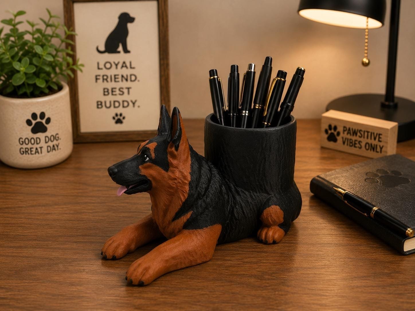 Second view of the German Shepherd Pen Holder showing its design and functional details