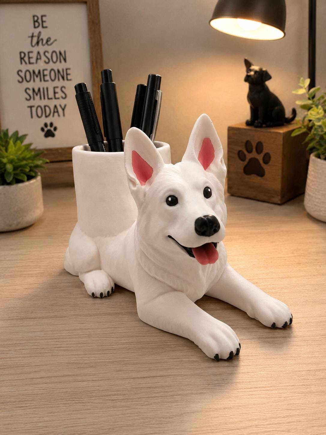 Additional angle of the White German Shepherd Pen Holder showing its shape, size, or use