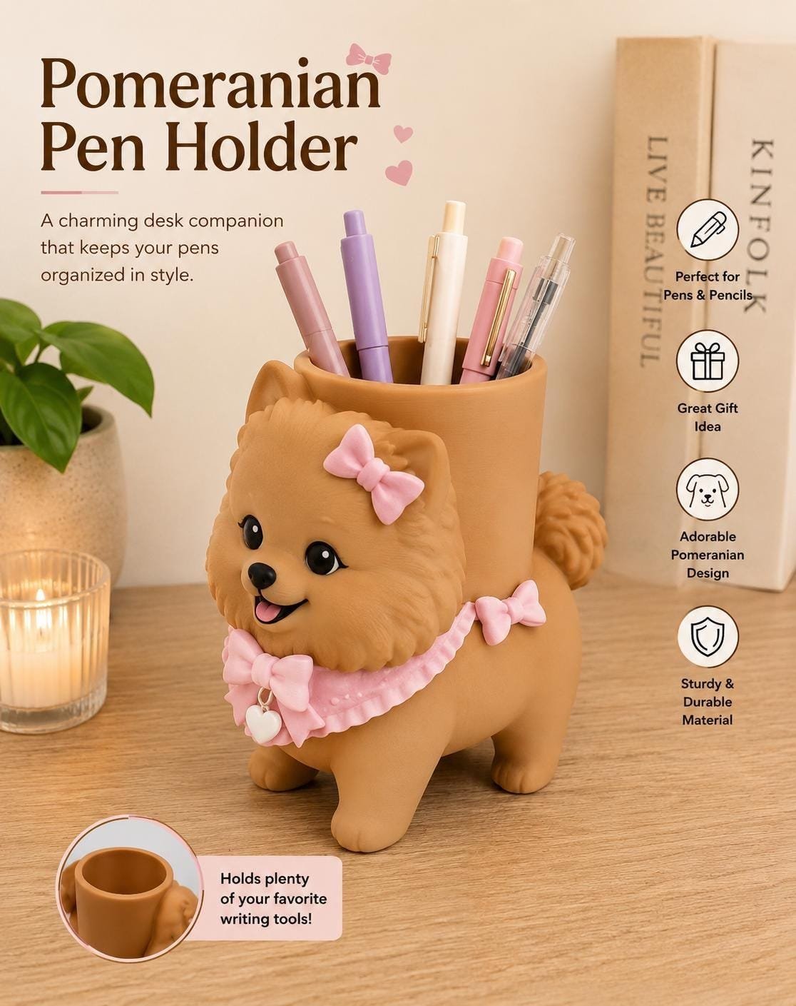 Pomeranian Pen Holder shown from another angle