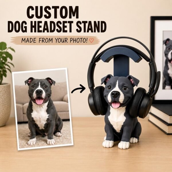 Custom dog headset stand created from a pet photo