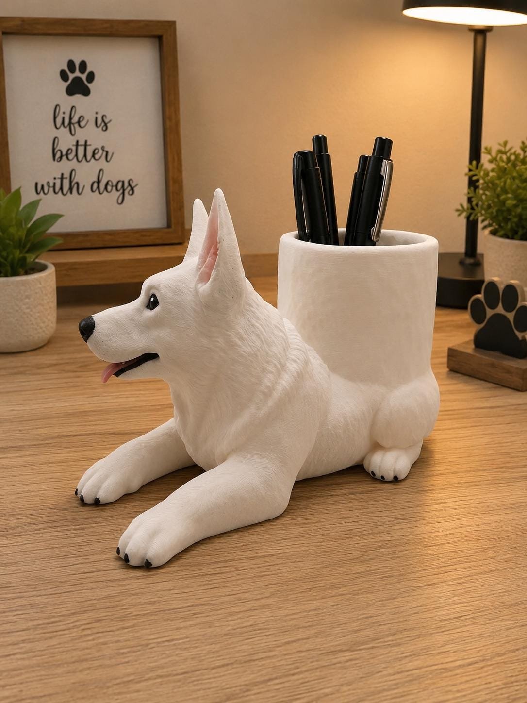 Second view of the White German Shepherd Pen Holder showing its design and functional details