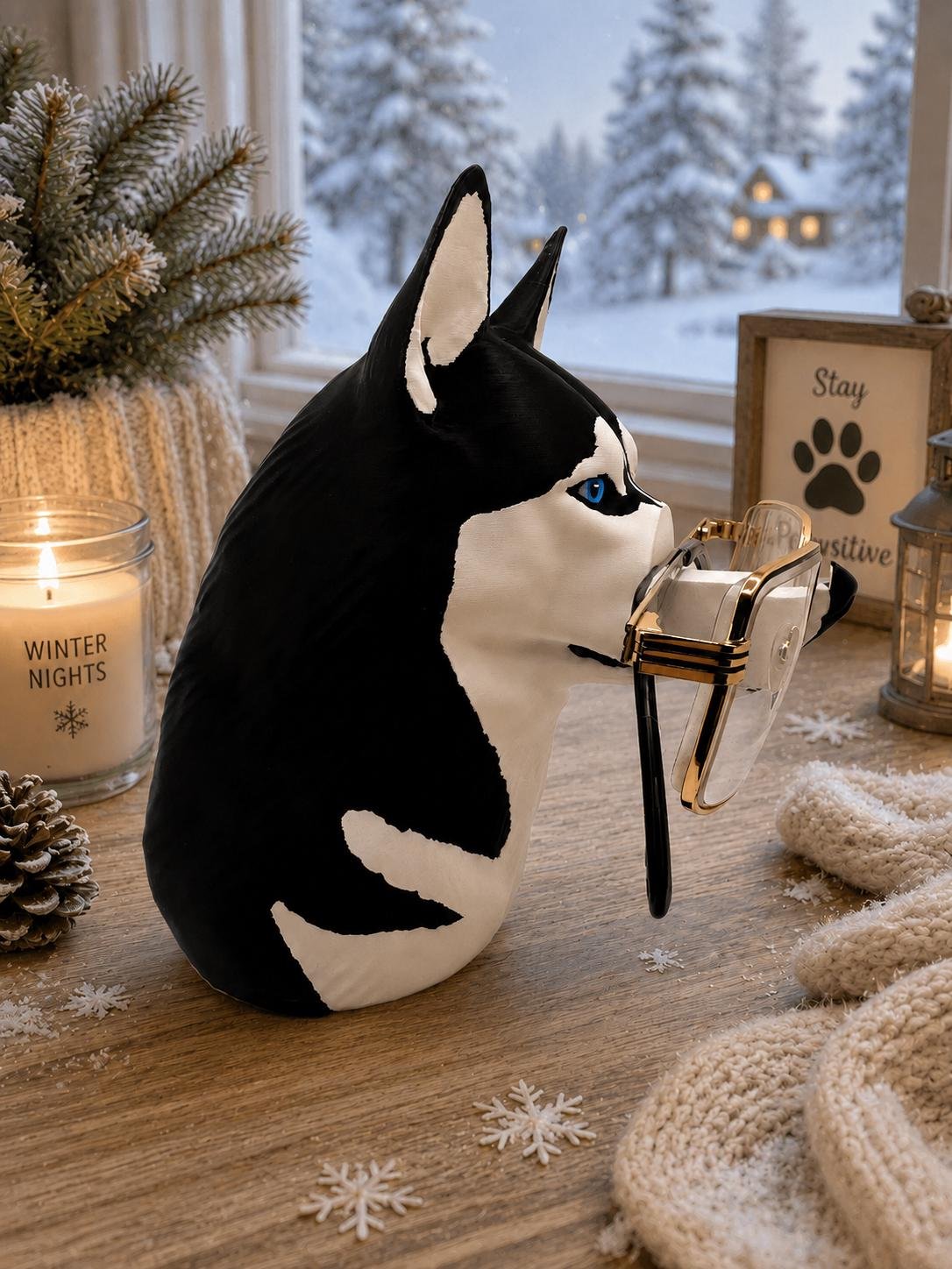 Additional angle of the Siberian Husky Glasses Holder showing its shape, size, or use