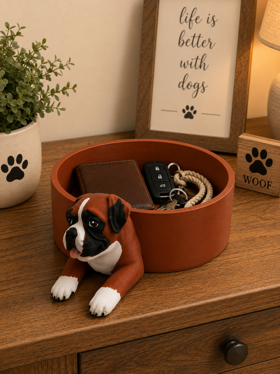 Boxer dog catchall tray holding keys and a wallet on a dog-themed entryway table