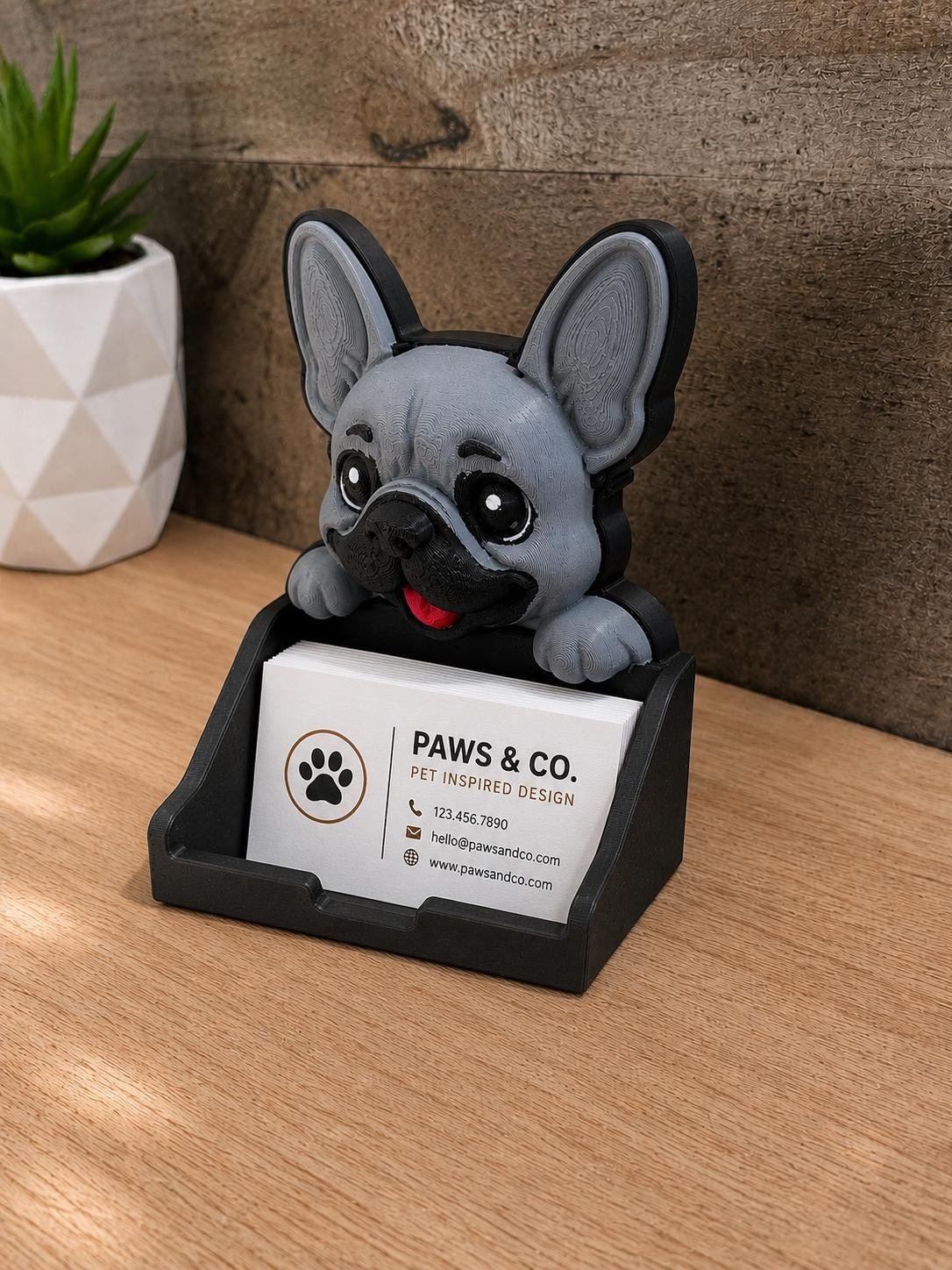 Additional angle of the Frenchie Business Card Holder showing its shape, size, or use