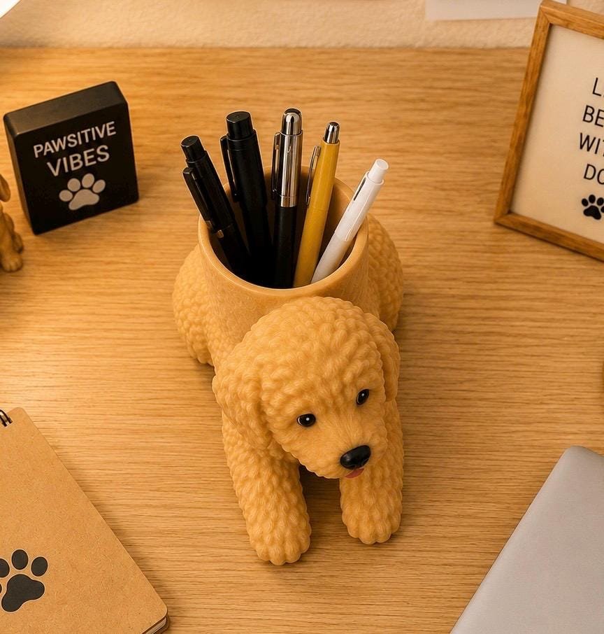 Personalized golden doodle pen holder examples showing design details and dog breeds