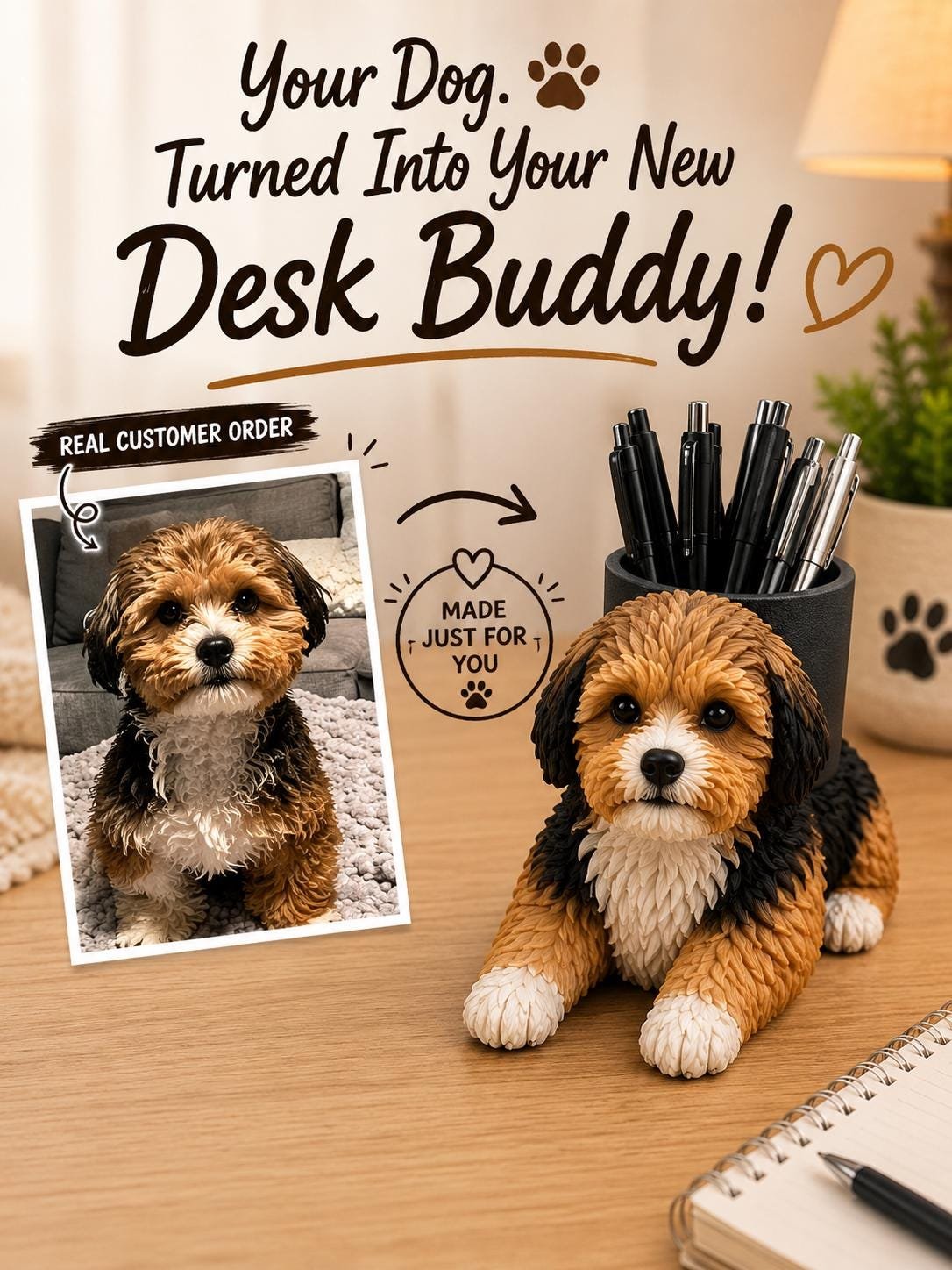 Example showing a dog photo transformed into a personalized custom dog pen holder from photo