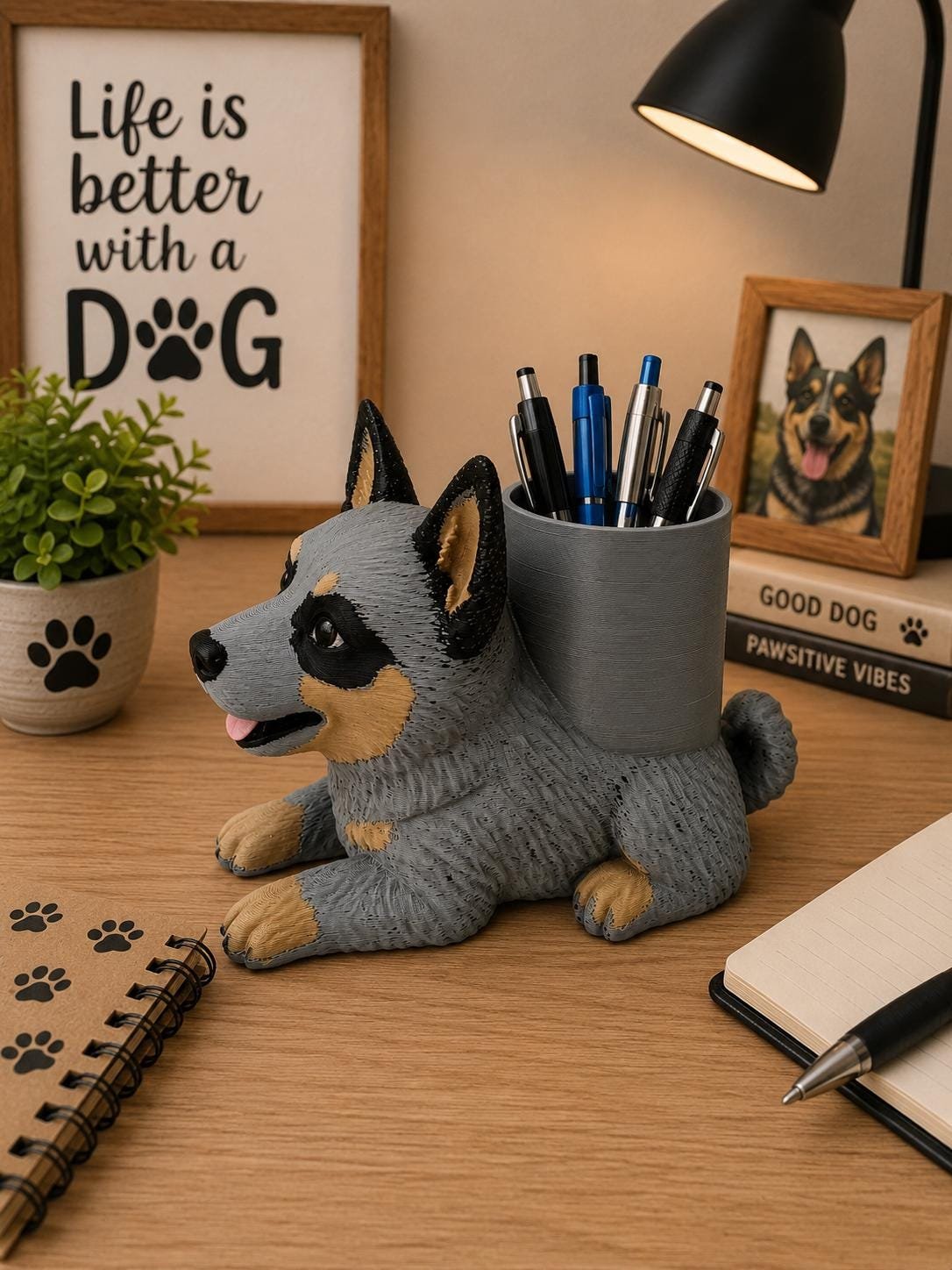 Additional angle of the Blue Heeler Pen Holder showing its shape, size, or use