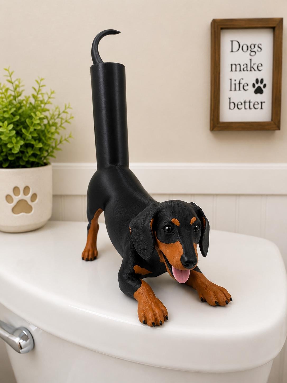 Additional angle of the Dachshund Toilet Paper Holder showing its shape, size, or use