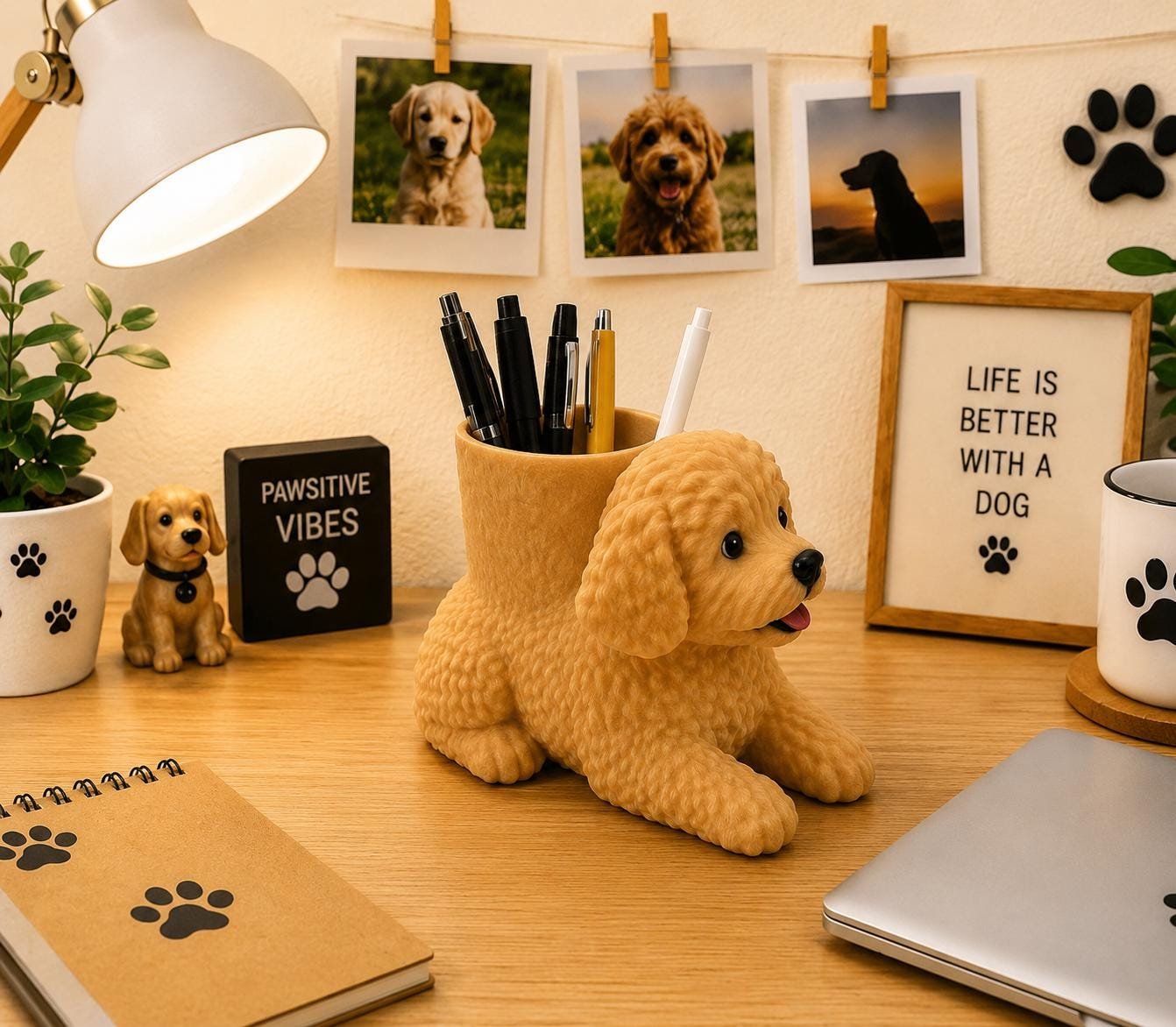 Example showing a dog photo transformed into a personalized golden doodle pen holder