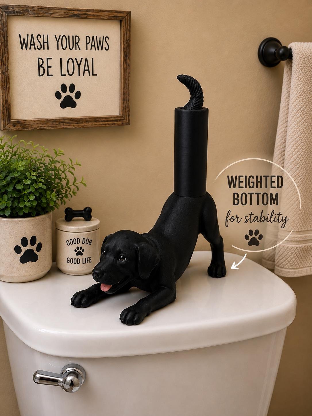 Additional angle of the Black Lab Toilet Paper Holder showing its shape, size, or use