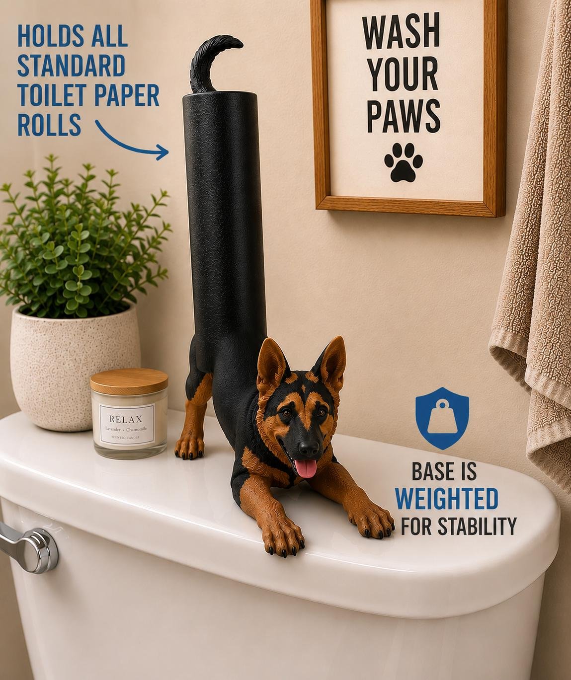Second view of the German Shepherd Toilet Paper Holder showing its design and functional details