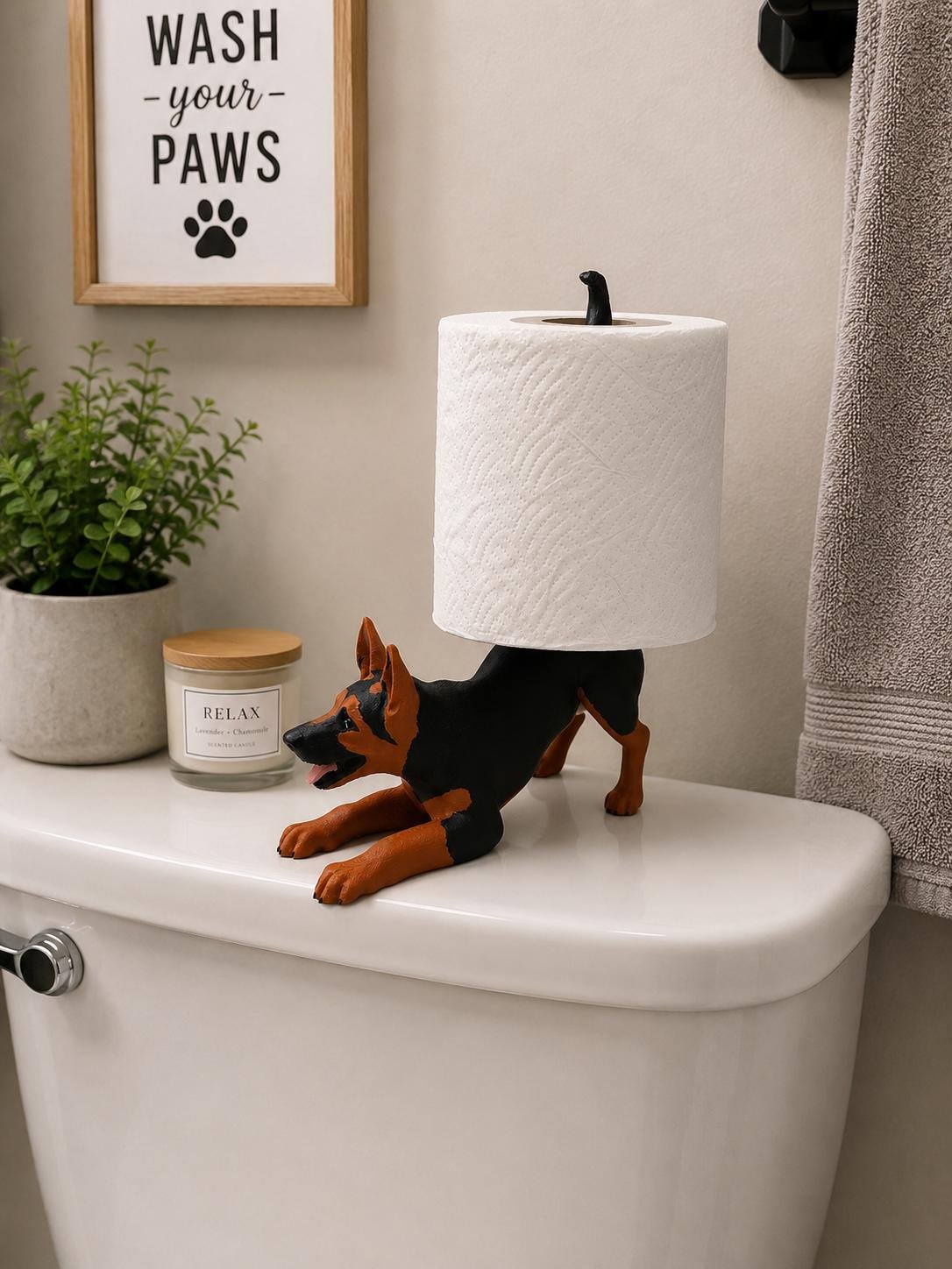 Additional angle of the German Shepherd Toilet Paper Holder showing its shape, size, or use
