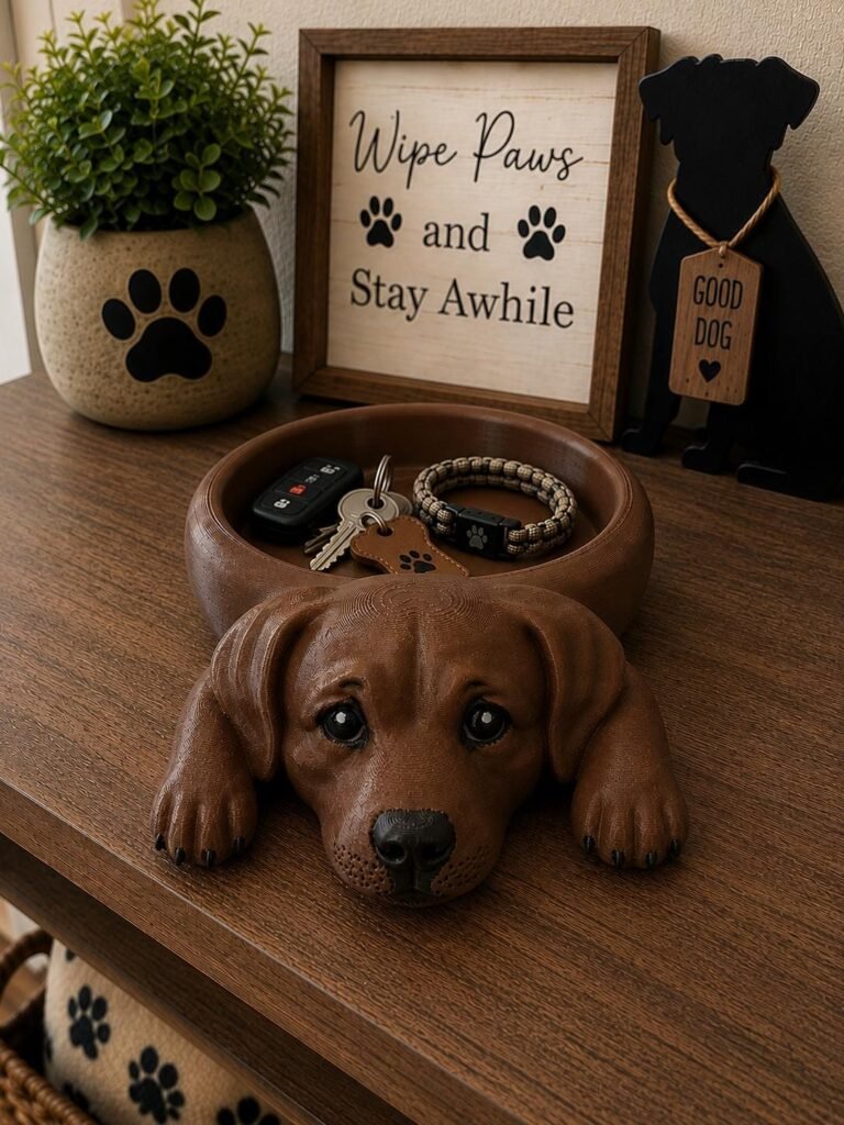 Chocolate Labrador catch all tray displayed in a styled product setting
